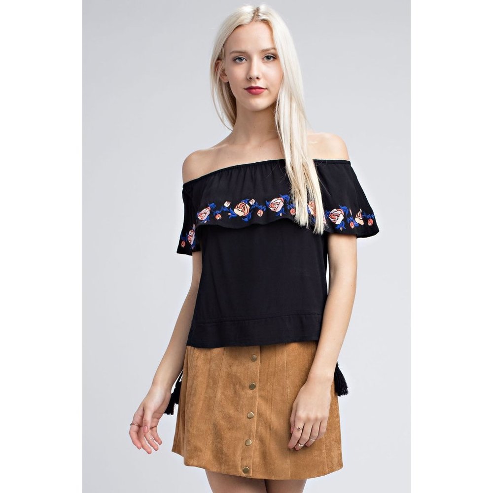 Honey Punch Strapless Embroidered Ruffle Top